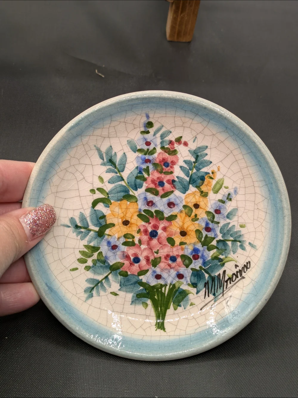 Hand-Painted Floral Ceramic Plates - Blue Trim Vtg Norwegian